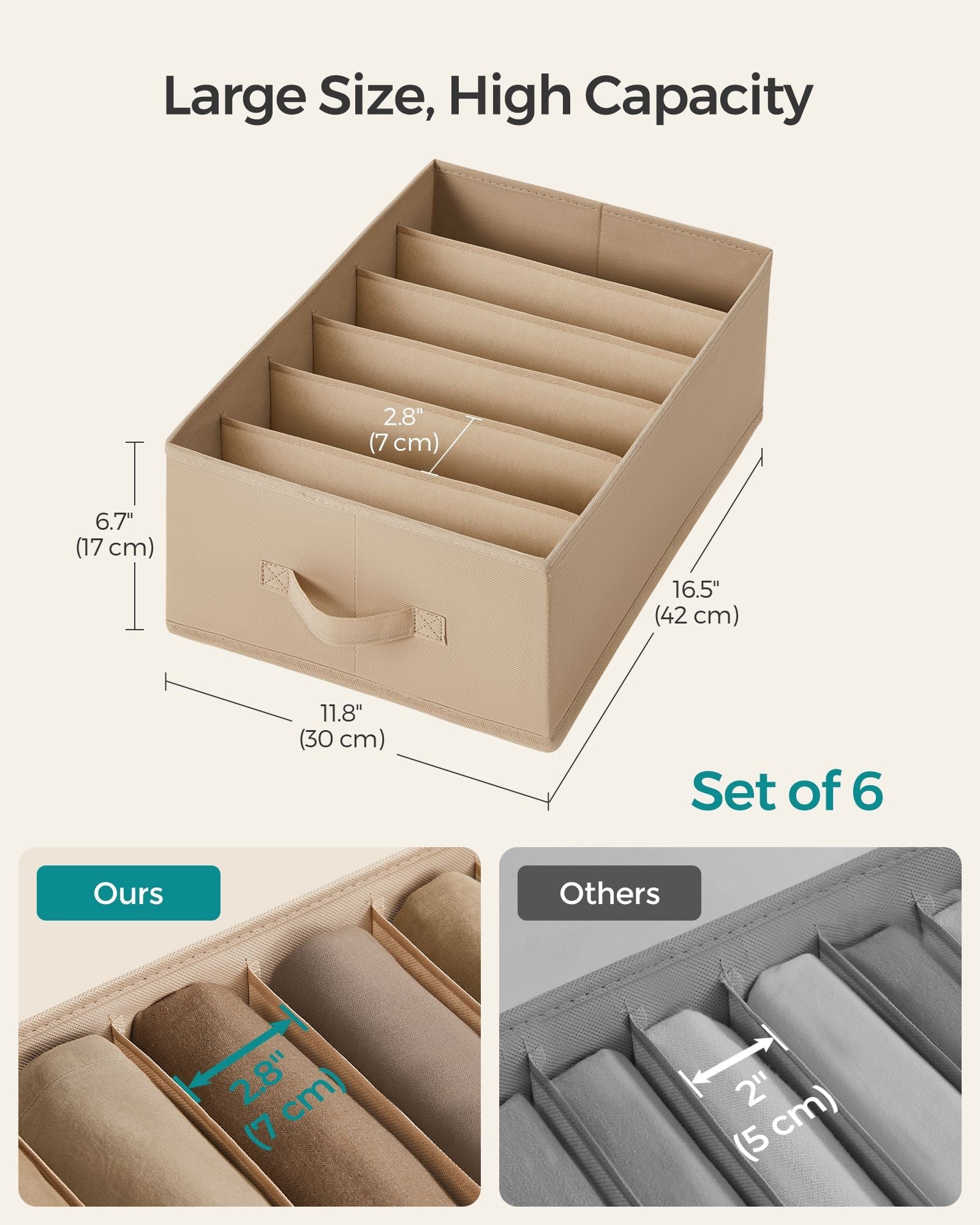 Set of 6 Drawer Organisers – Fabric – Sand Beige – 6 Compartments