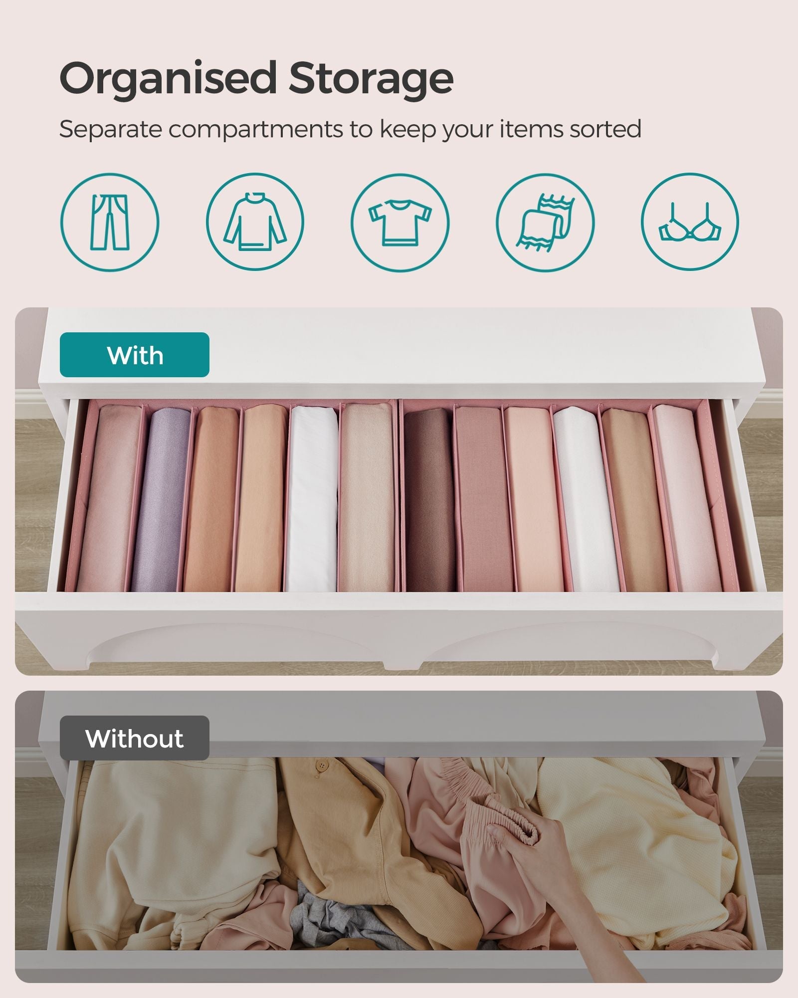 Set of 4 Drawer Organisers – Fabric – Jelly Pink – 6 Compartments