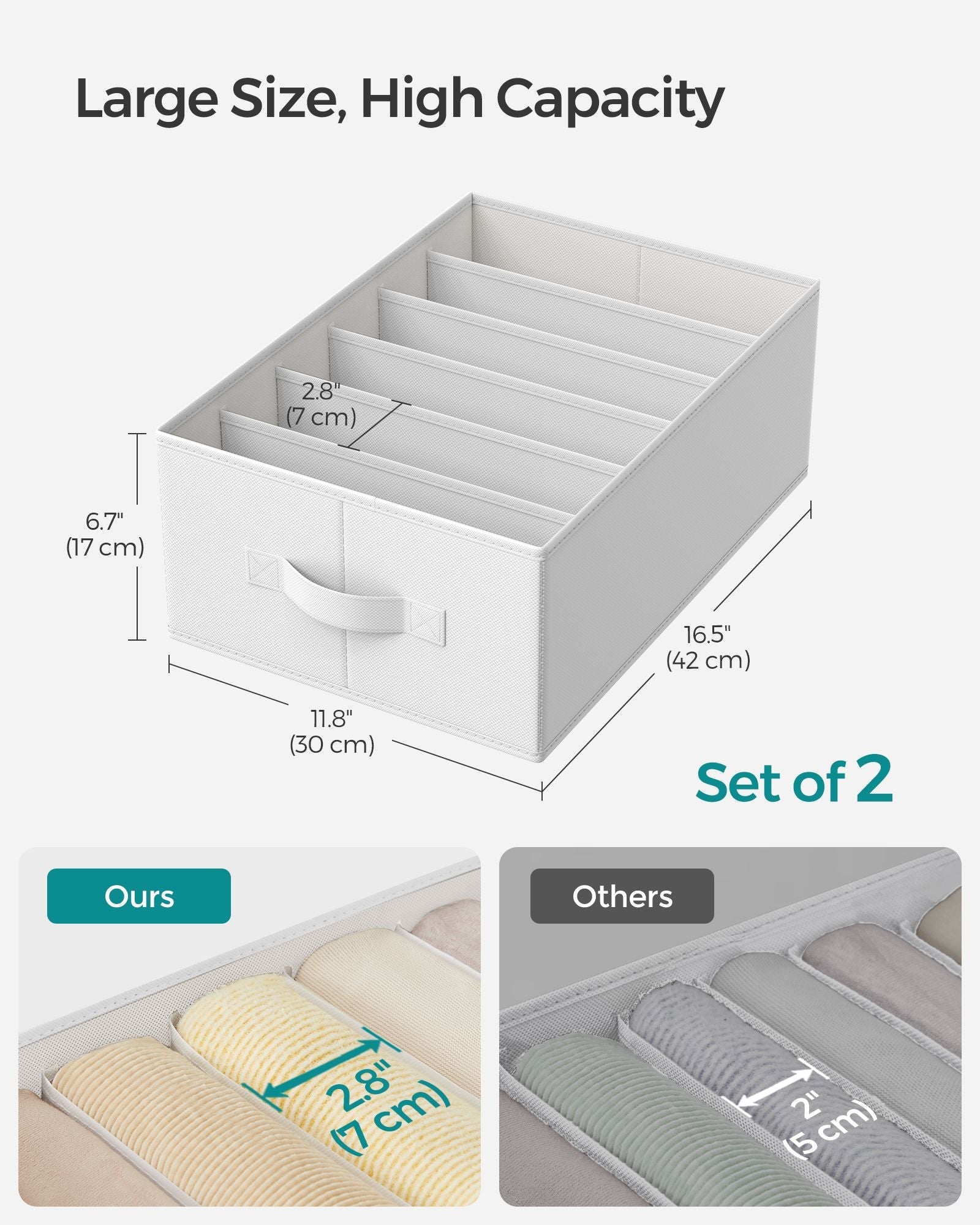 Drawer Organisers – Fabric – Classic White – Set of 2 with 6 Compartments