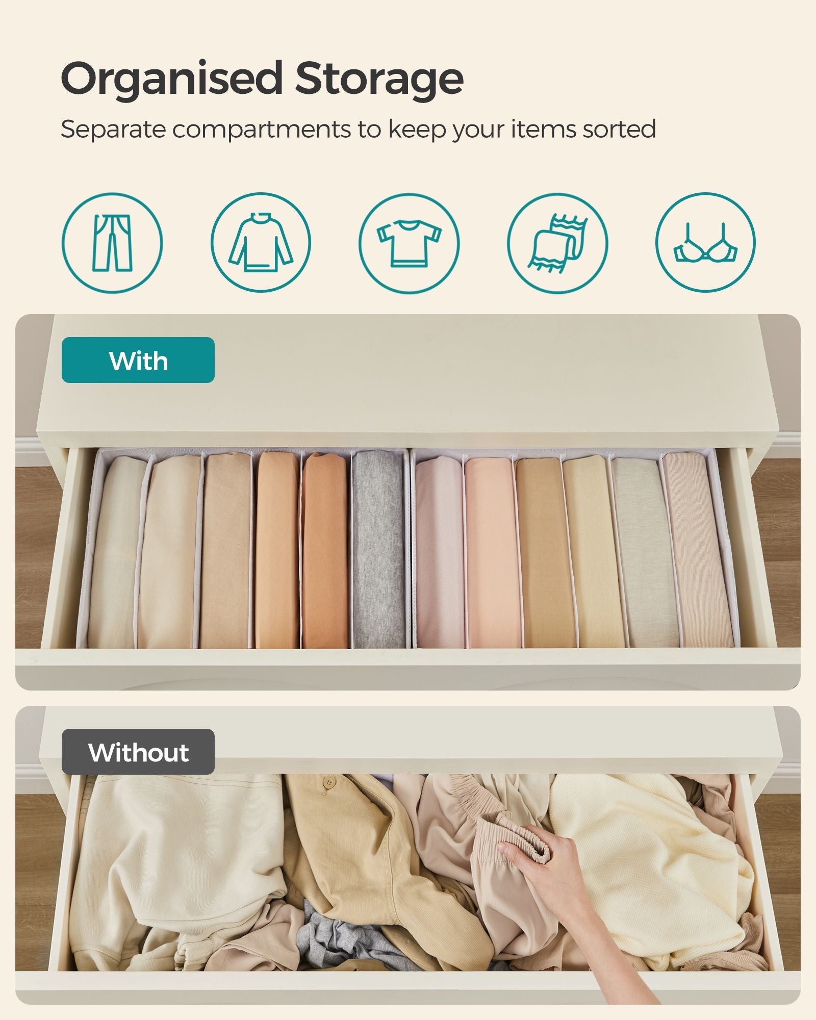 Set of 6 Drawer Organisers – Fabric – Cloud White – 6 Compartments