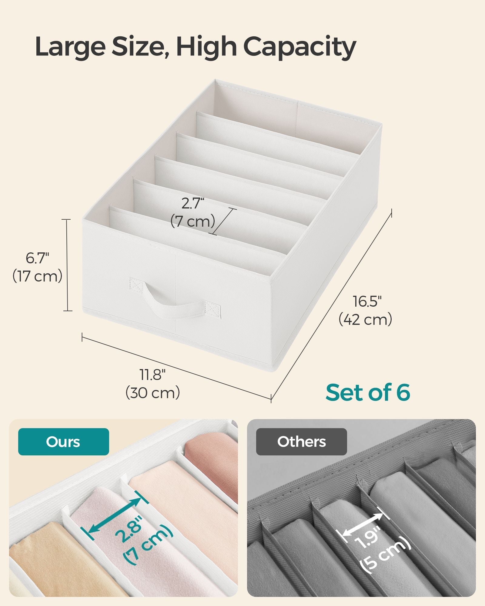 Set of 6 Drawer Organisers – Fabric – Cloud White – 6 Compartments