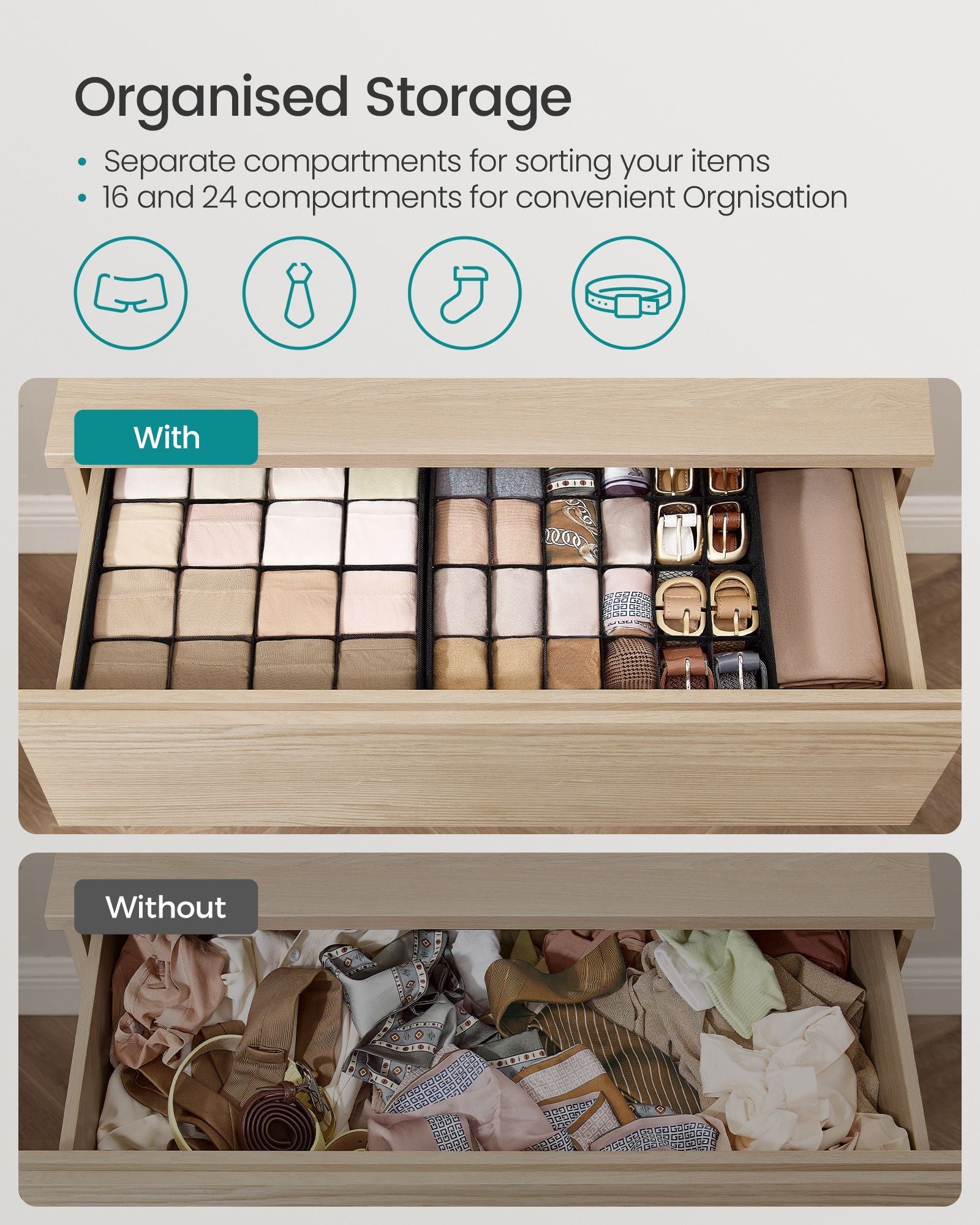 Drawer Organisers Set – Fabric – Ink Black – 80 Compartments