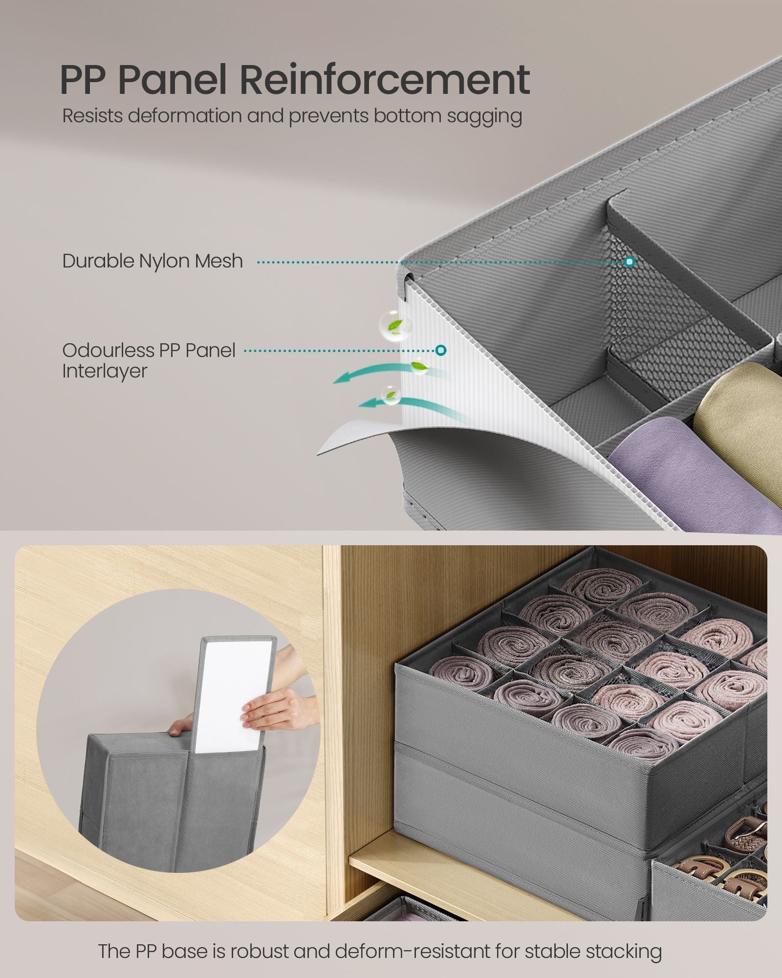 Set of 6 Drawer Organisers – Fabric – Dove Grey – 120 Compartments