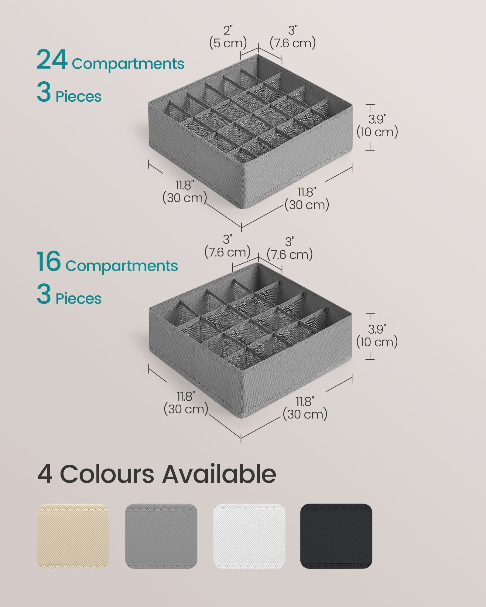 Set of 6 Drawer Organisers – Fabric – Dove Grey – 120 Compartments