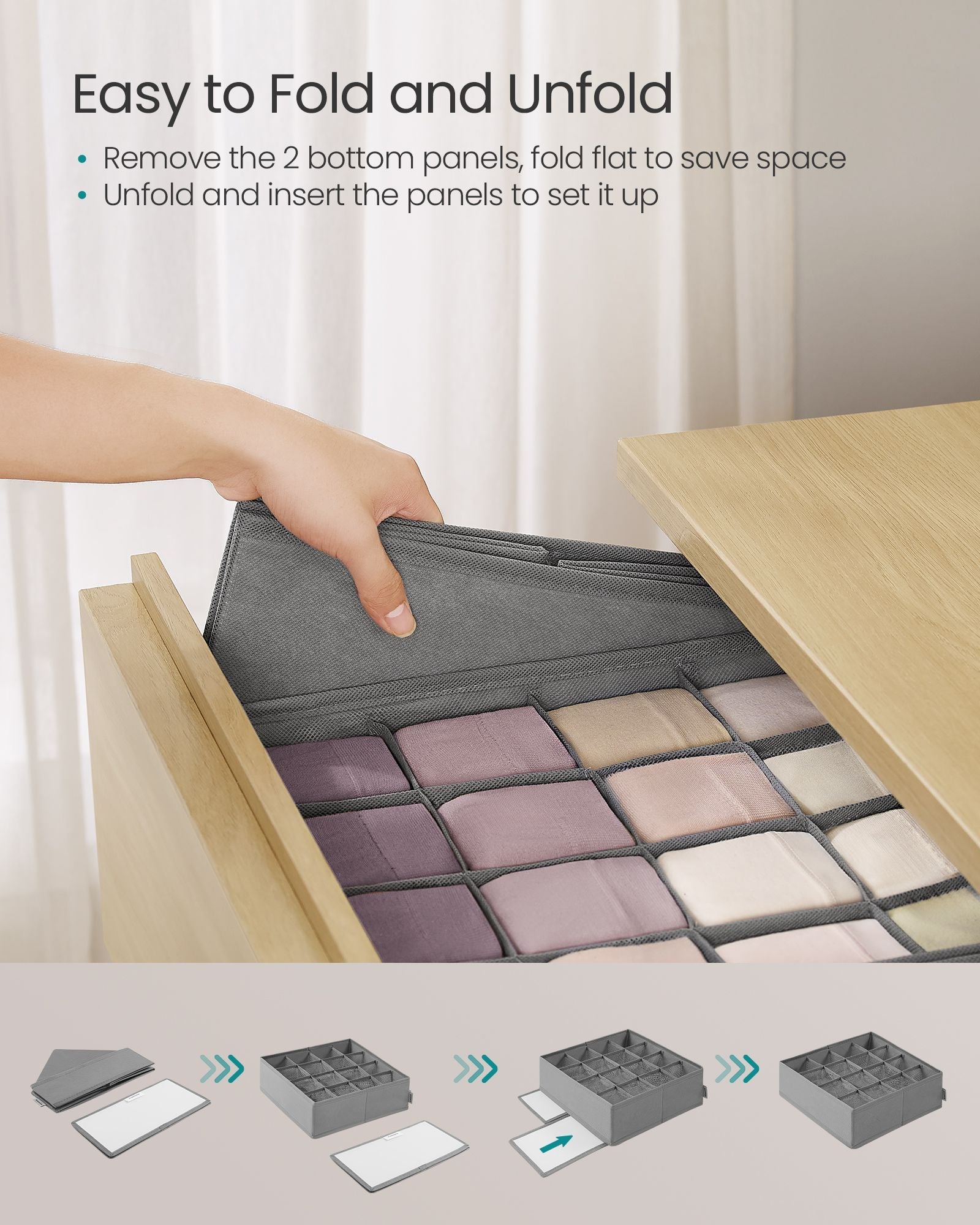 Set of 6 Drawer Organisers – Fabric – Dove Grey – 120 Compartments