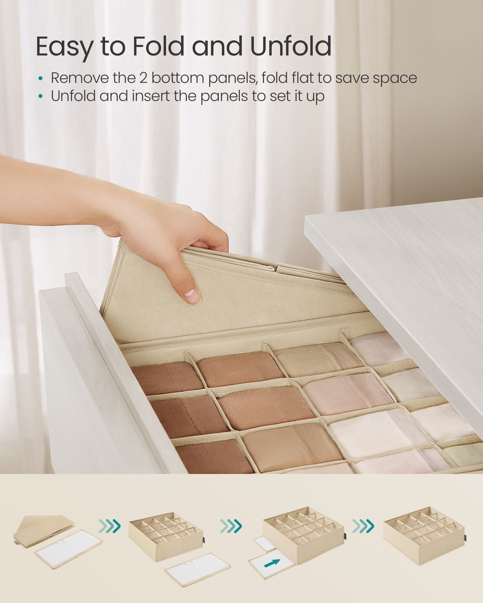 Set of 6 Drawer Organisers – Fabric – Sand Beige – 120 Compartments