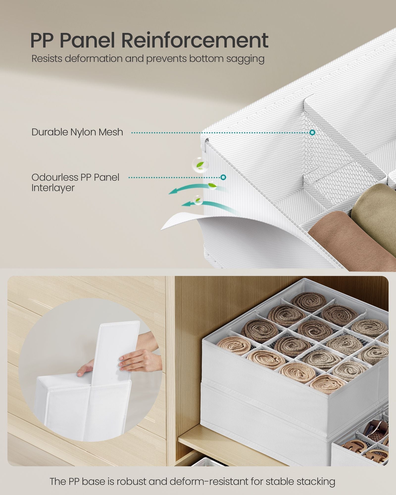 Set of 4 Drawer Organisers – Fabric – Cloud White – 80 Compartments