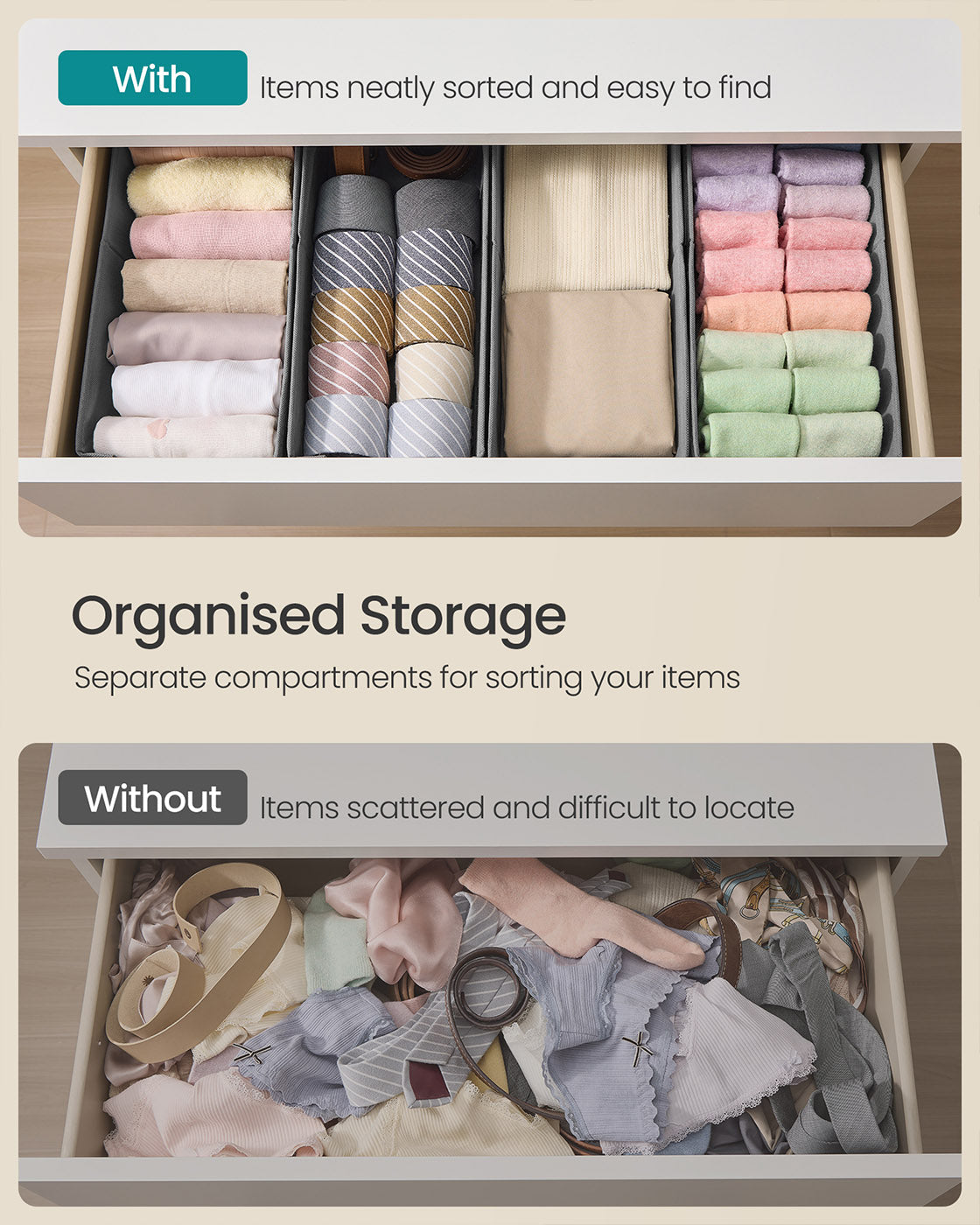 Set of Foldable Drawer Organisers – Fabric – Dove Grey – Includes Dividers