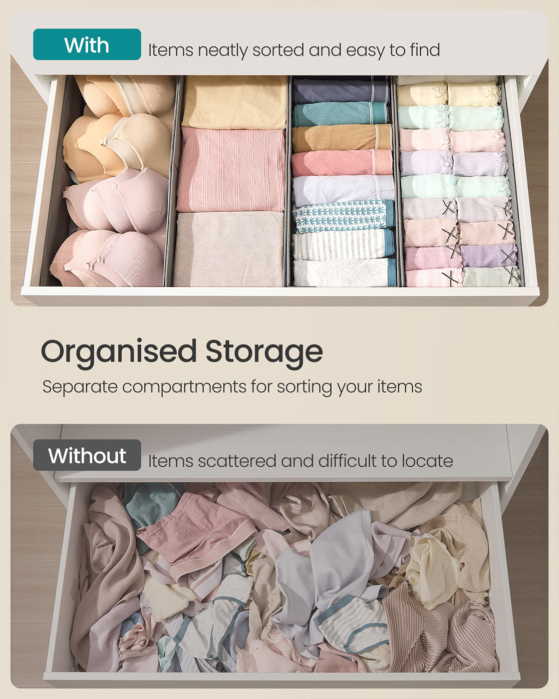 Set of Foldable Drawer Organisers – Fabric – Dove Grey – Includes Dividers