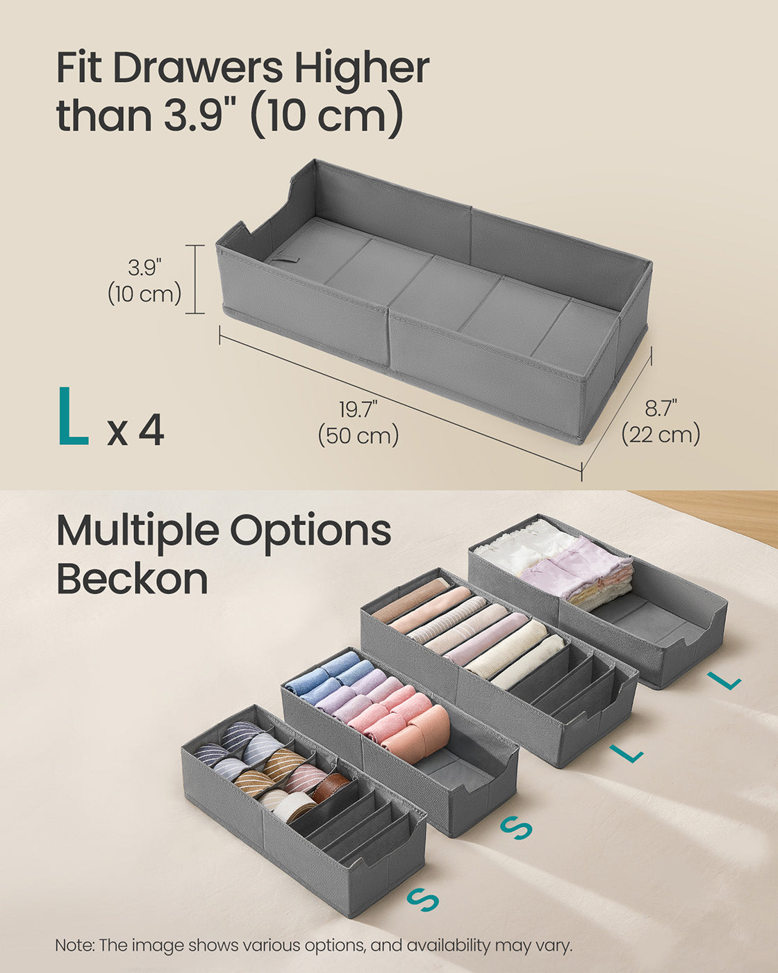 Set of Foldable Drawer Organisers – Fabric – Dove Grey – Includes Dividers