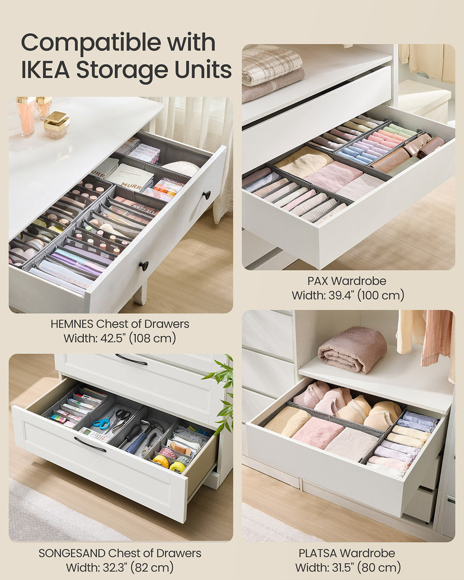 Set of Foldable Drawer Organisers – Fabric – Dove Grey – Includes Dividers