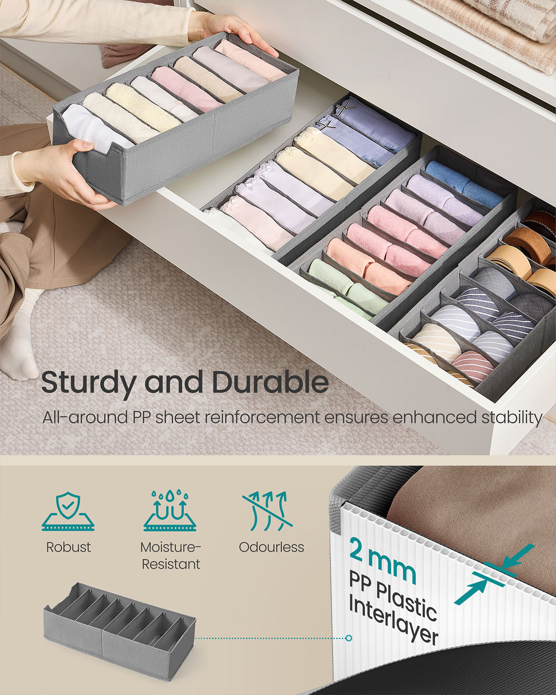 Set of Foldable Drawer Organisers – Fabric – Dove Grey – Includes Dividers