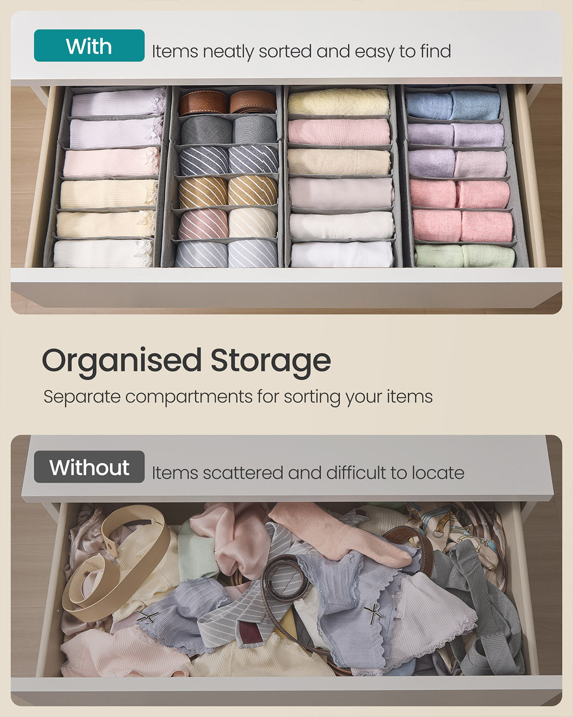 Set of Foldable Drawer Organisers – Fabric – Dove Grey – Includes Dividers