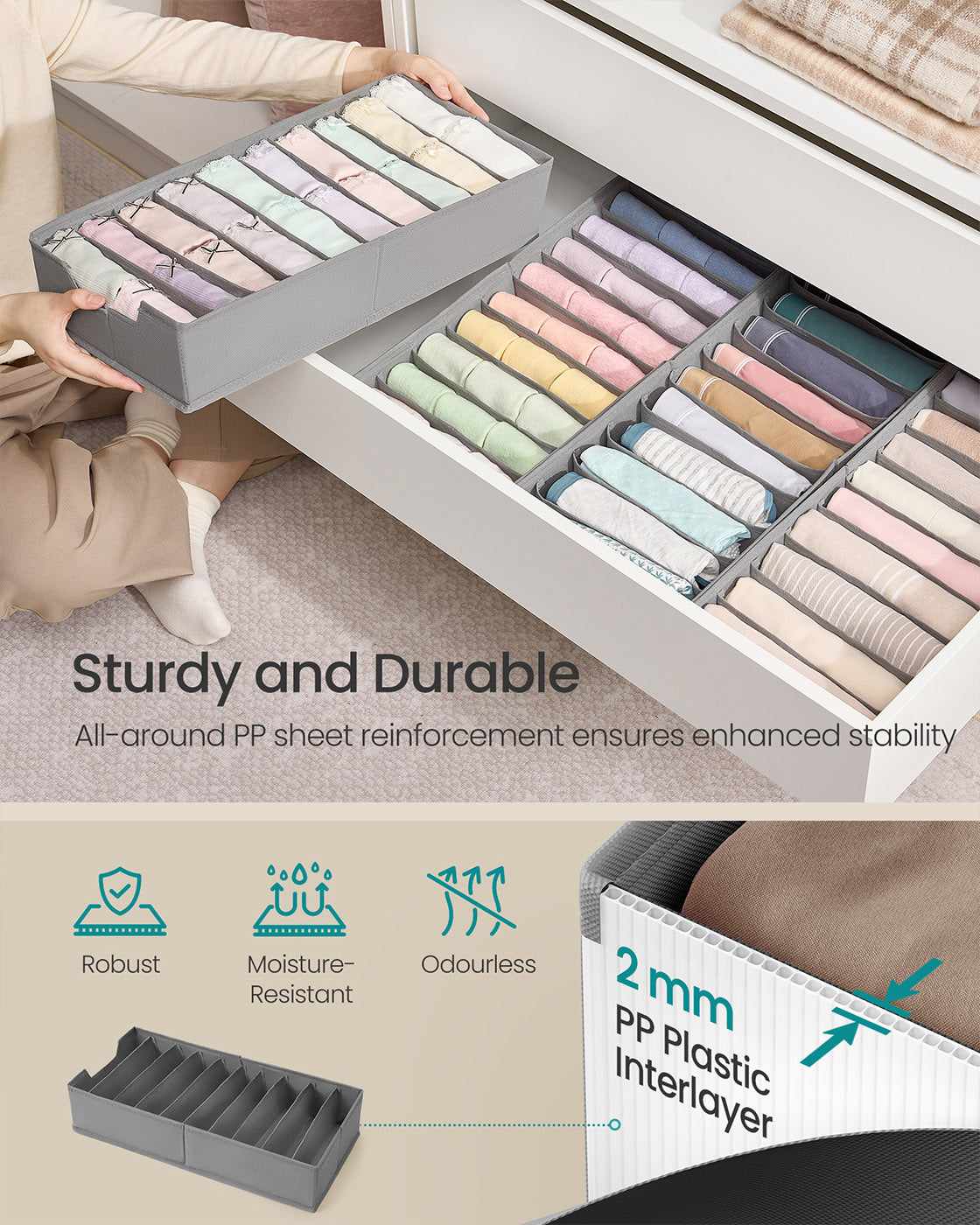 Set of Foldable Drawer Organisers – Fabric – Dove Grey – Includes Dividers