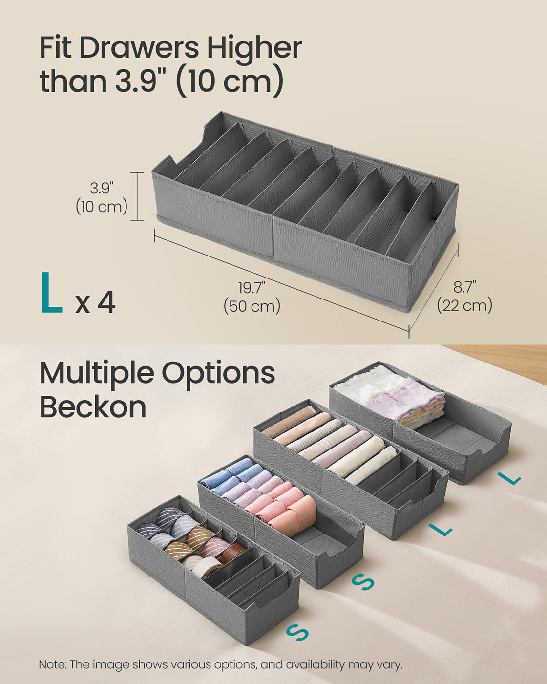 Set of Foldable Drawer Organisers – Fabric – Dove Grey – Includes Dividers