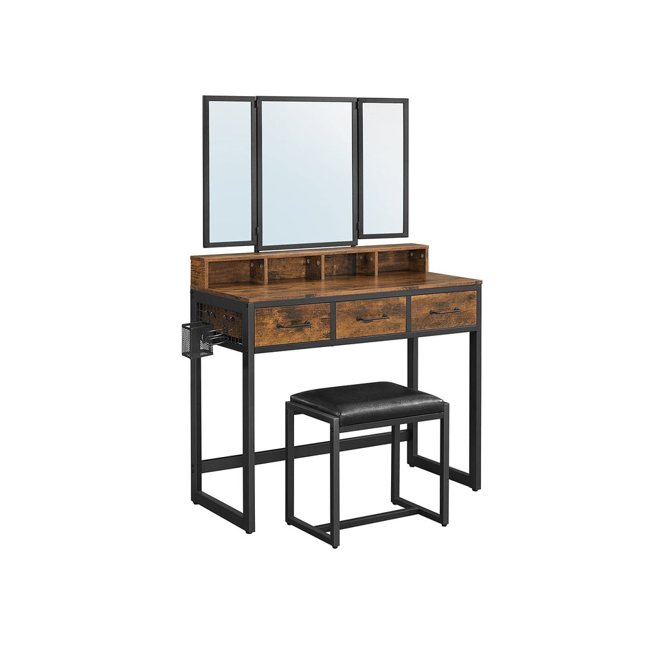 Dressing Table – Wood – Industrial Style – Tri-Fold Mirror with 3 Drawers and Hair Dryer Holder