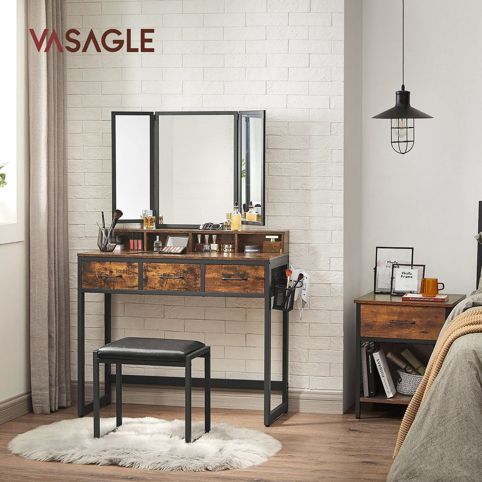Dressing Table – Wood – Industrial Style – Tri-Fold Mirror with 3 Drawers and Hair Dryer Holder