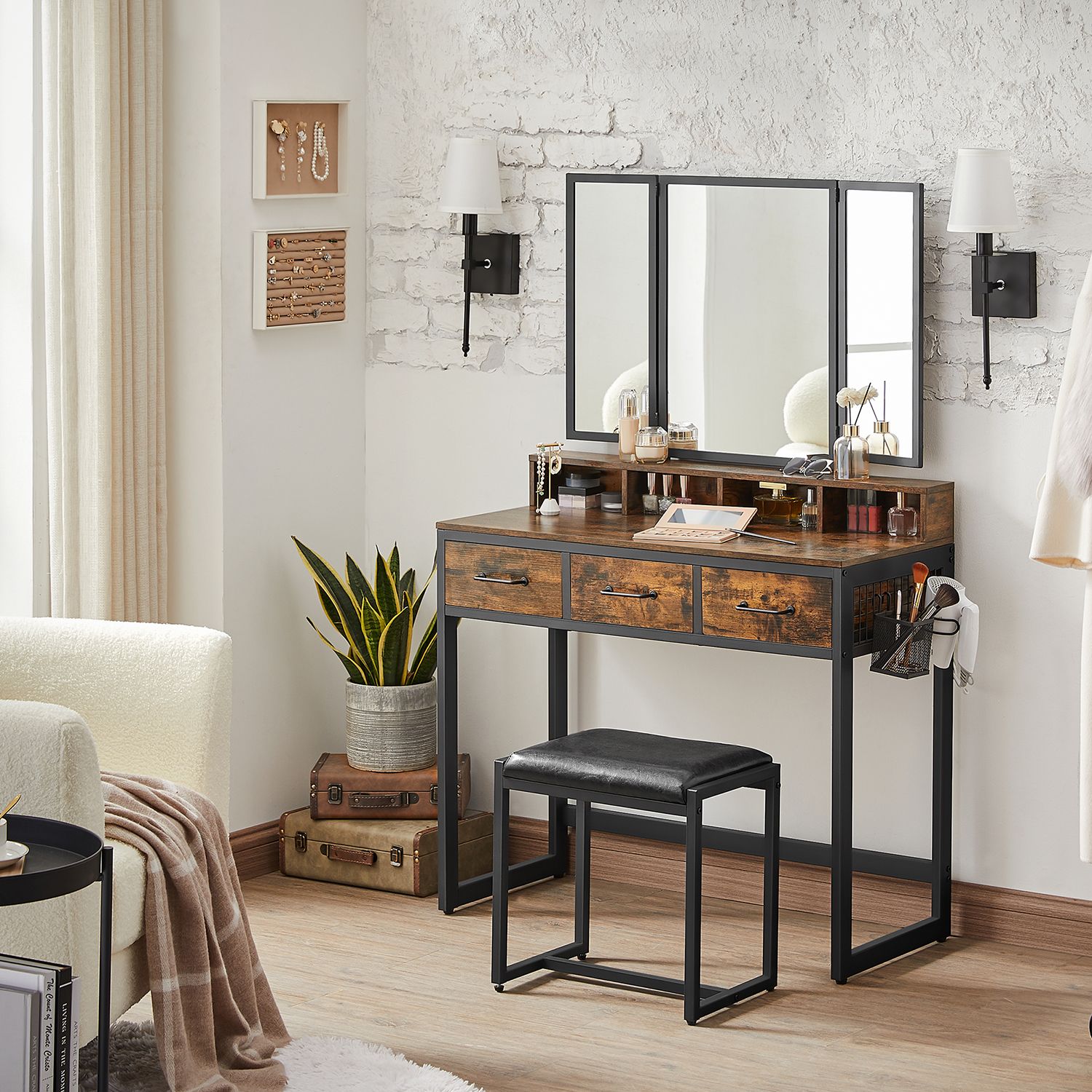 Dressing Table – Wood – Industrial Style – Tri-Fold Mirror with 3 Drawers and Hair Dryer Holder