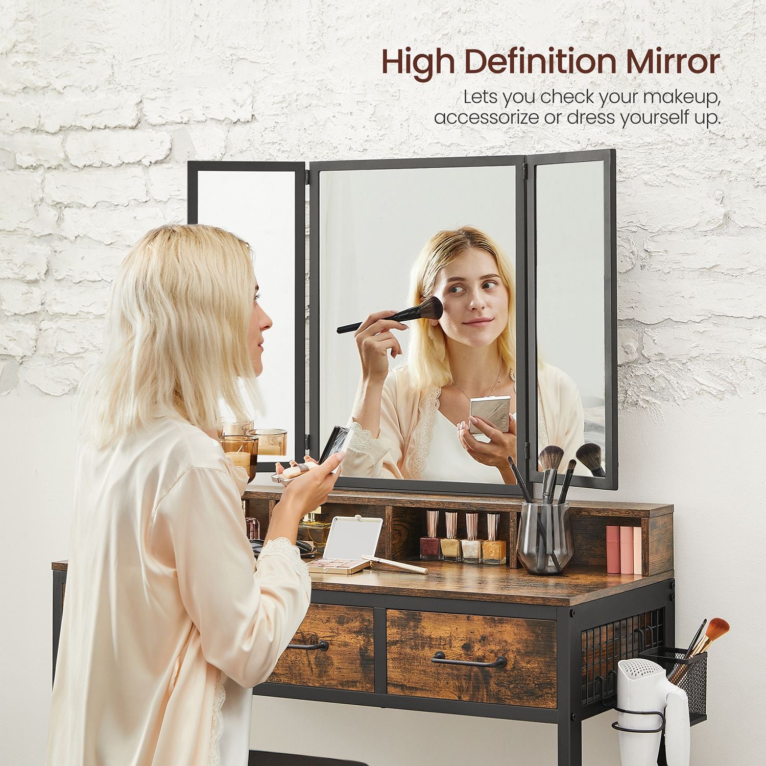 Dressing Table – Wood – Industrial Style – Tri-Fold Mirror with 3 Drawers and Hair Dryer Holder