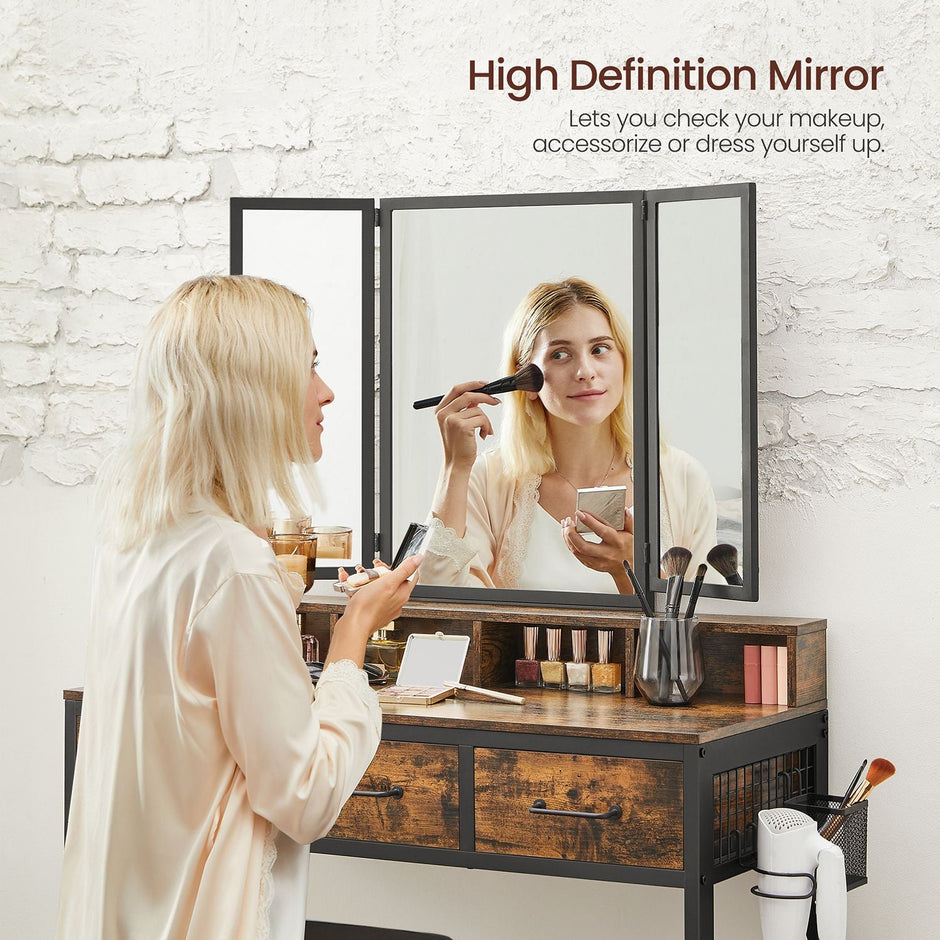 Dressing Table – Wood – Industrial Style – Tri-Fold Mirror with 3 Drawers and Hair Dryer Holder