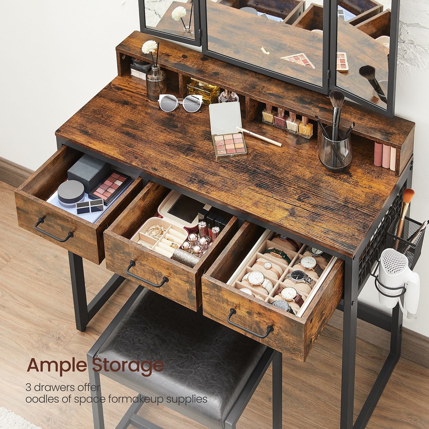 Dressing Table – Wood – Industrial Style – Tri-Fold Mirror with 3 Drawers and Hair Dryer Holder