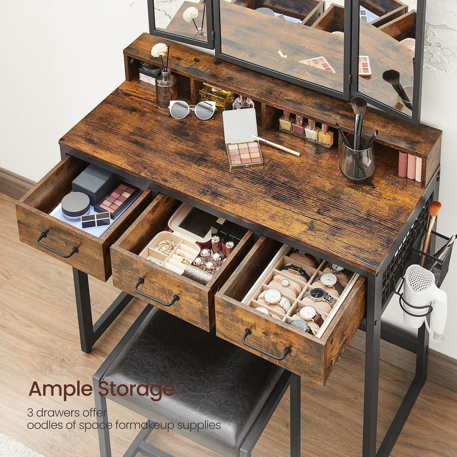Dressing Table – Wood – Industrial Style – Tri-Fold Mirror with 3 Drawers and Hair Dryer Holder