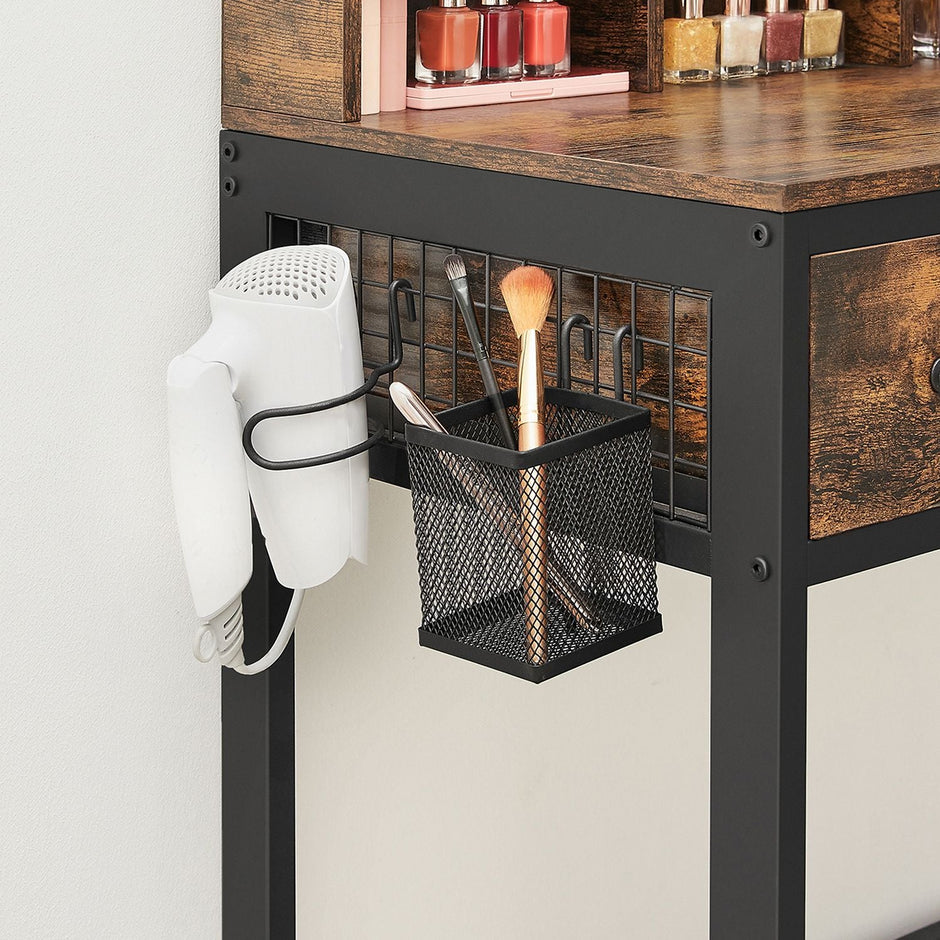 Dressing Table – Wood – Industrial Style – Tri-Fold Mirror with 3 Drawers and Hair Dryer Holder