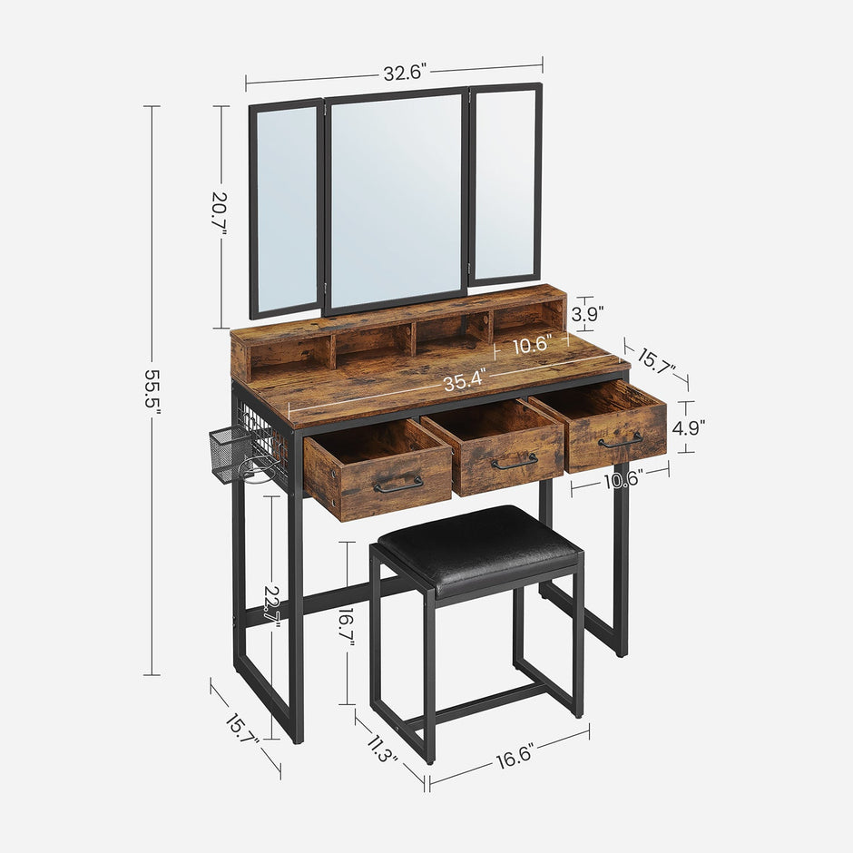 Dressing Table – Wood – Industrial Style – Tri-Fold Mirror with 3 Drawers and Hair Dryer Holder