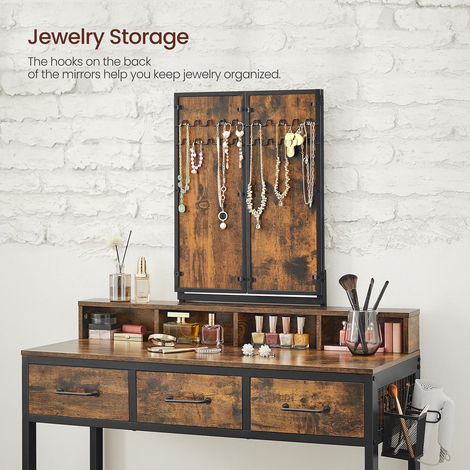 Dressing Table – Wood – Industrial Style – Tri-Fold Mirror with 3 Drawers and Hair Dryer Holder
