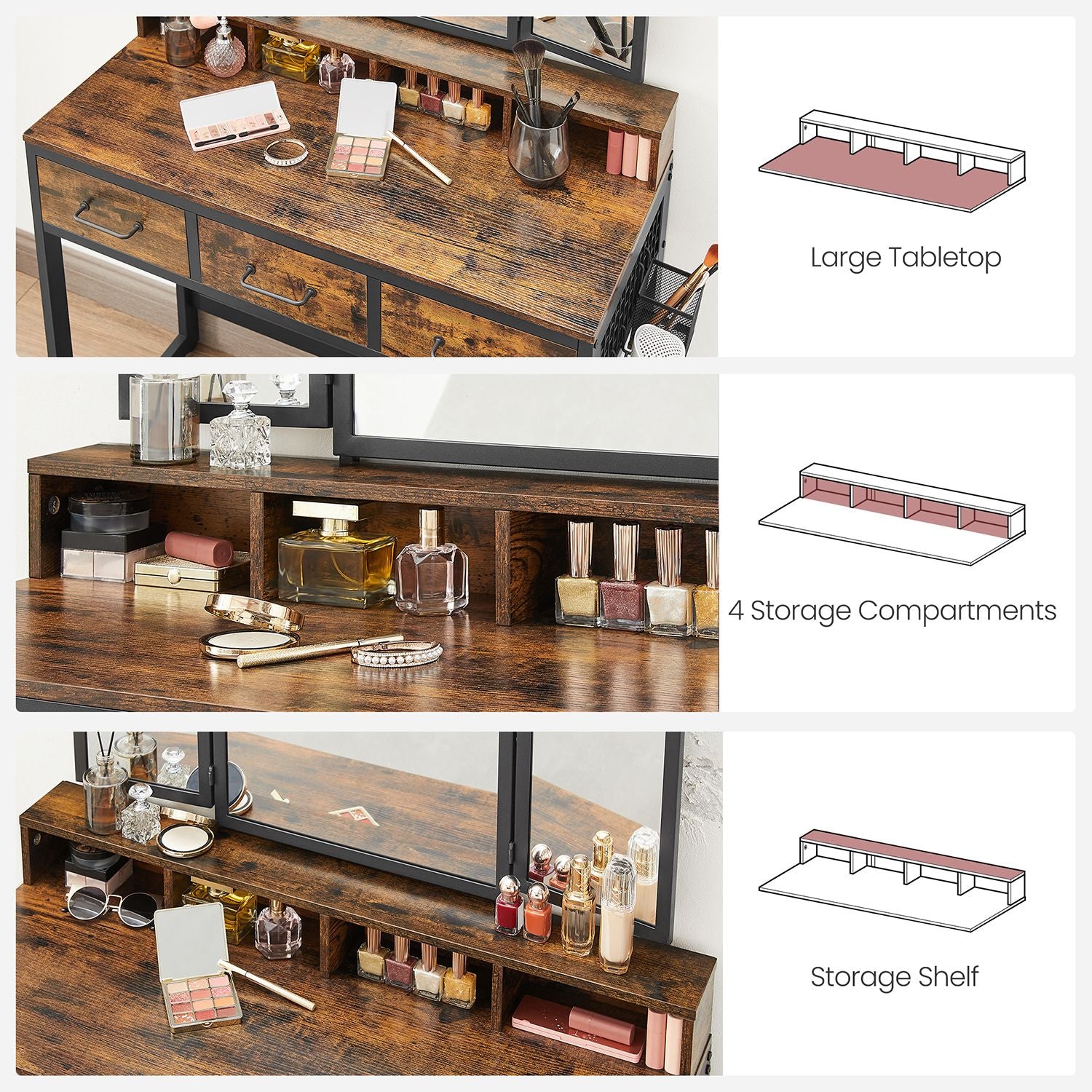Dressing Table – Wood – Industrial Style – Tri-Fold Mirror with 3 Drawers and Hair Dryer Holder