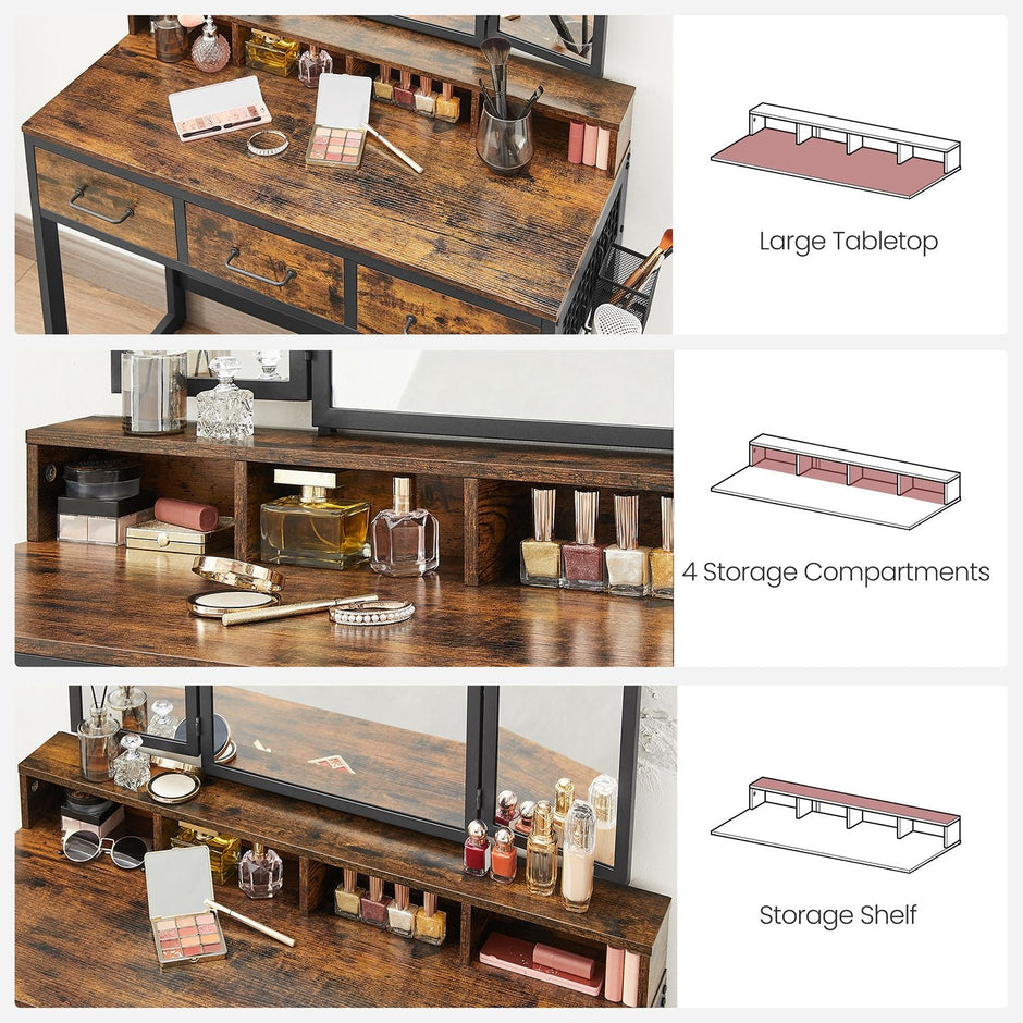Dressing Table – Wood – Industrial Style – Tri-Fold Mirror with 3 Drawers and Hair Dryer Holder