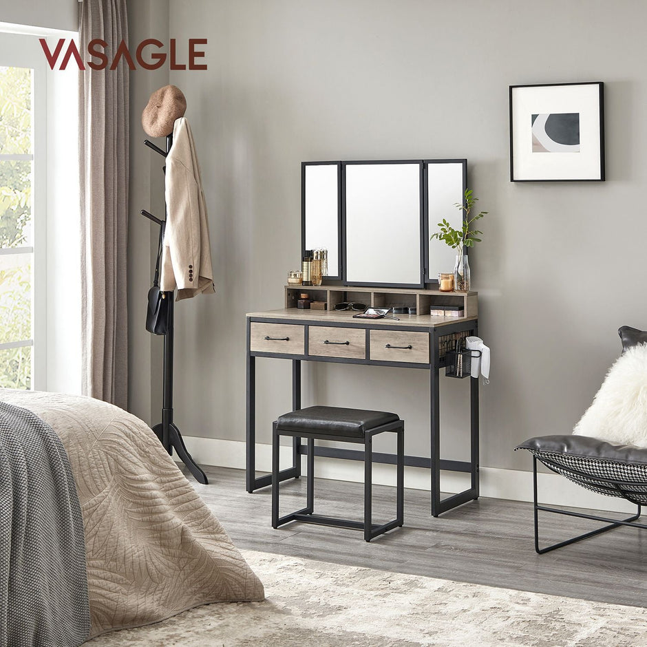 Dressing Table – Wood – Industrial Style – Tri-Fold Mirror, 3 Drawers, Hair Dryer Holder