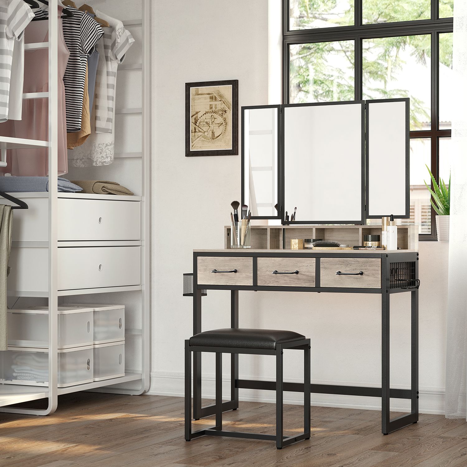 Dressing Table – Wood – Industrial Style – Tri-Fold Mirror, 3 Drawers, Hair Dryer Holder