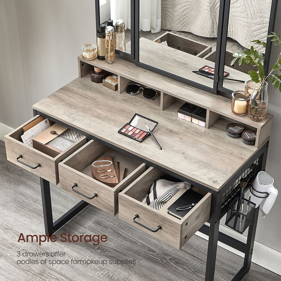 Dressing Table – Wood – Industrial Style – Tri-Fold Mirror, 3 Drawers, Hair Dryer Holder