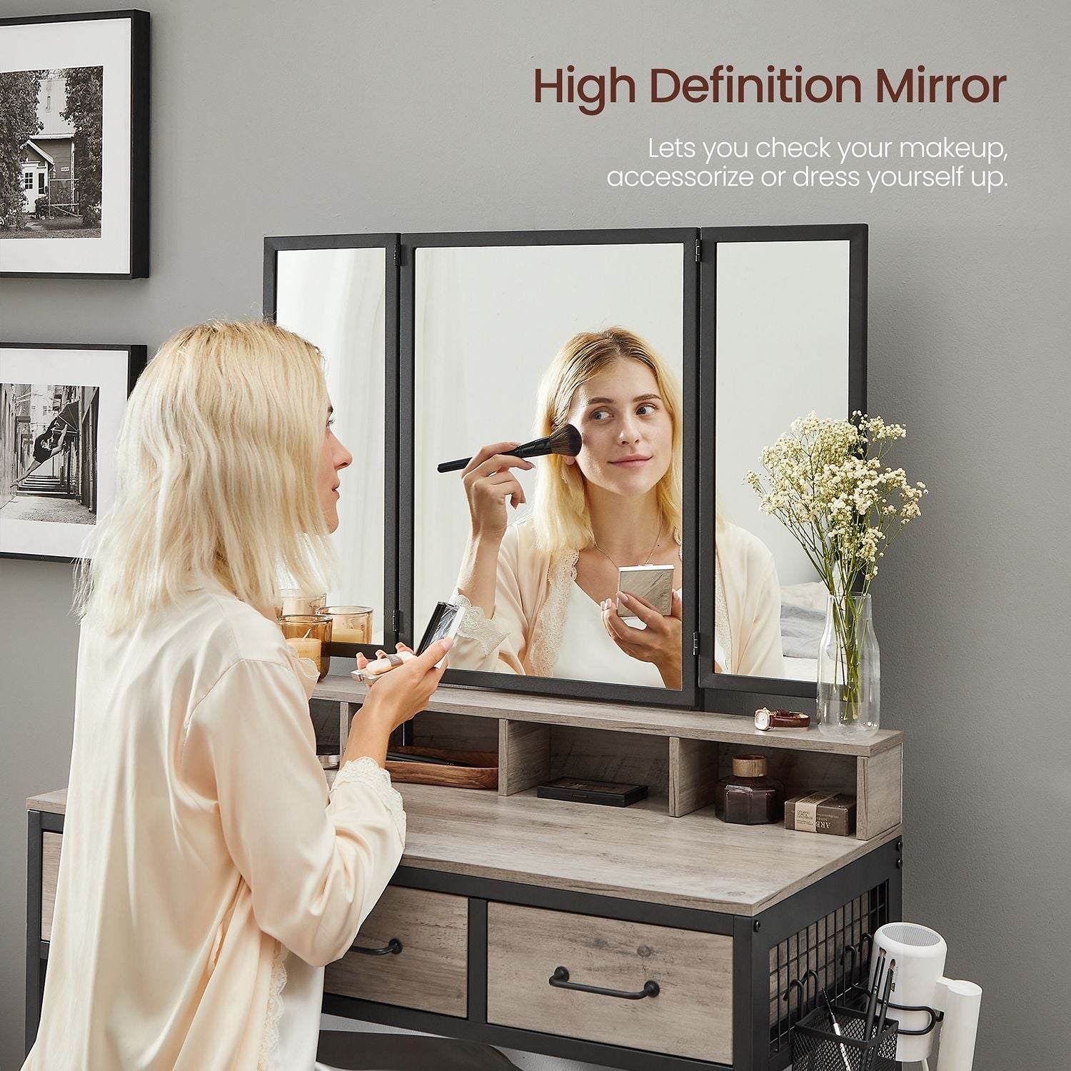 Dressing Table – Wood – Industrial Style – Tri-Fold Mirror, 3 Drawers, Hair Dryer Holder