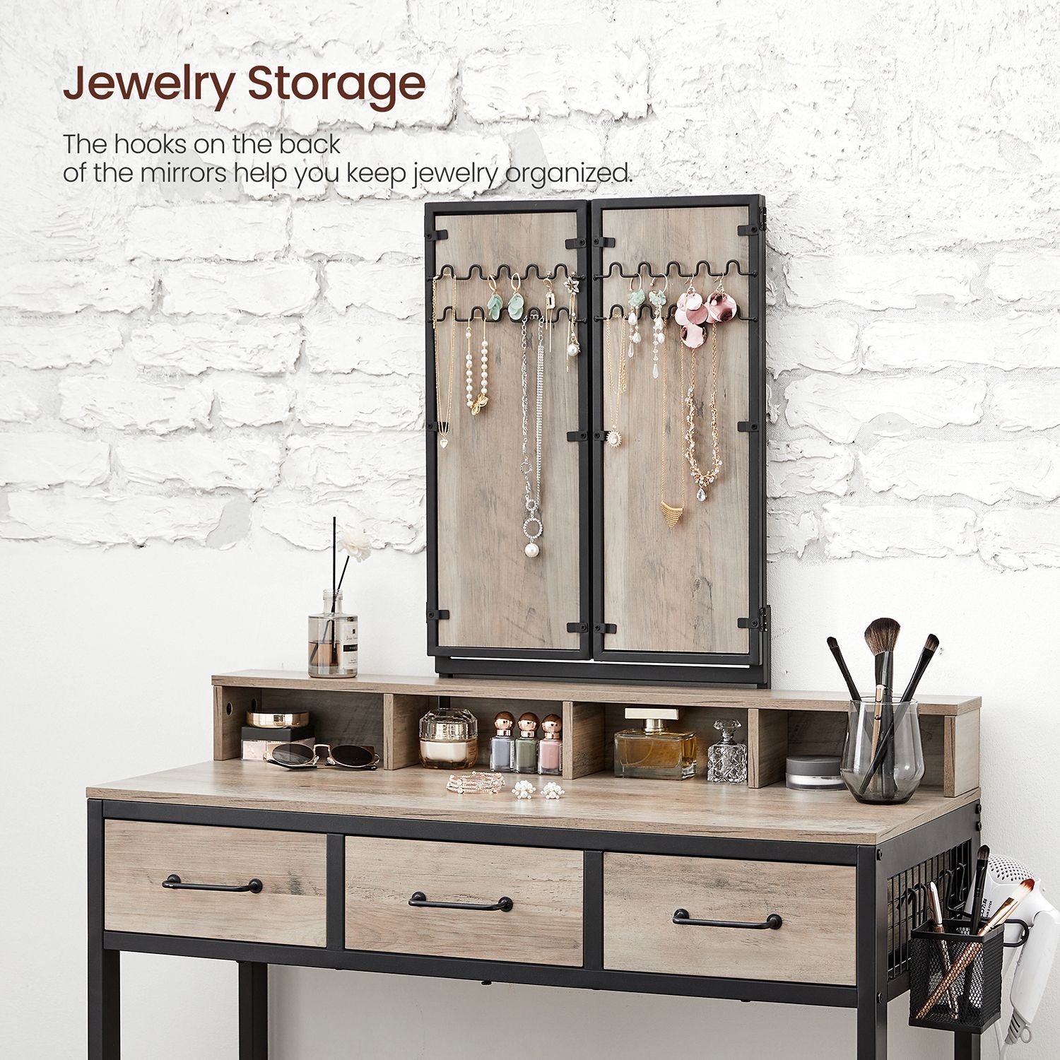 Dressing Table – Wood – Industrial Style – Tri-Fold Mirror, 3 Drawers, Hair Dryer Holder