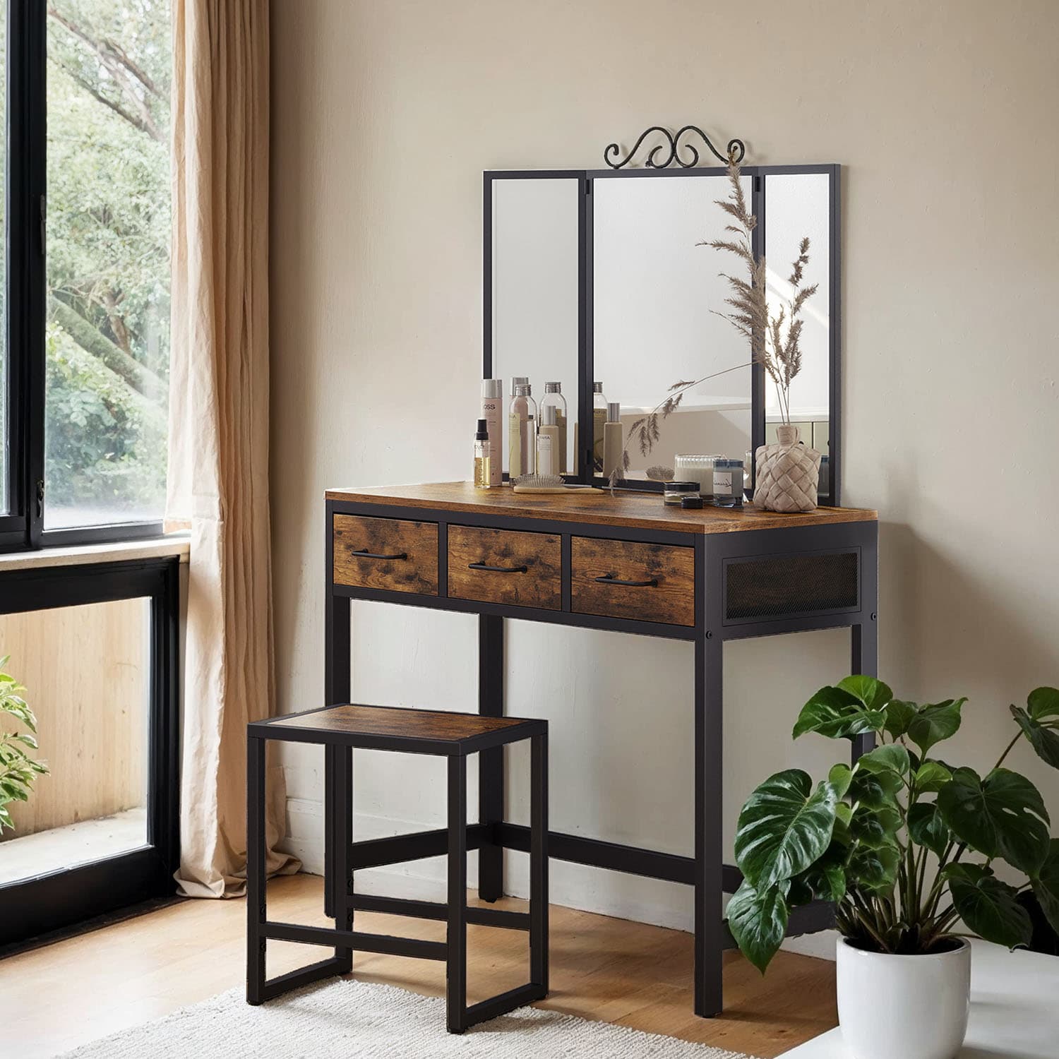 Dressing Table Set – Steel Frame – Rustic Brown and Black – Triple Fold Mirror with 3 Drawers