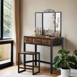 Dressing Table Set – Steel Frame – Rustic Brown and Black – Triple Fold Mirror with 3 Drawers