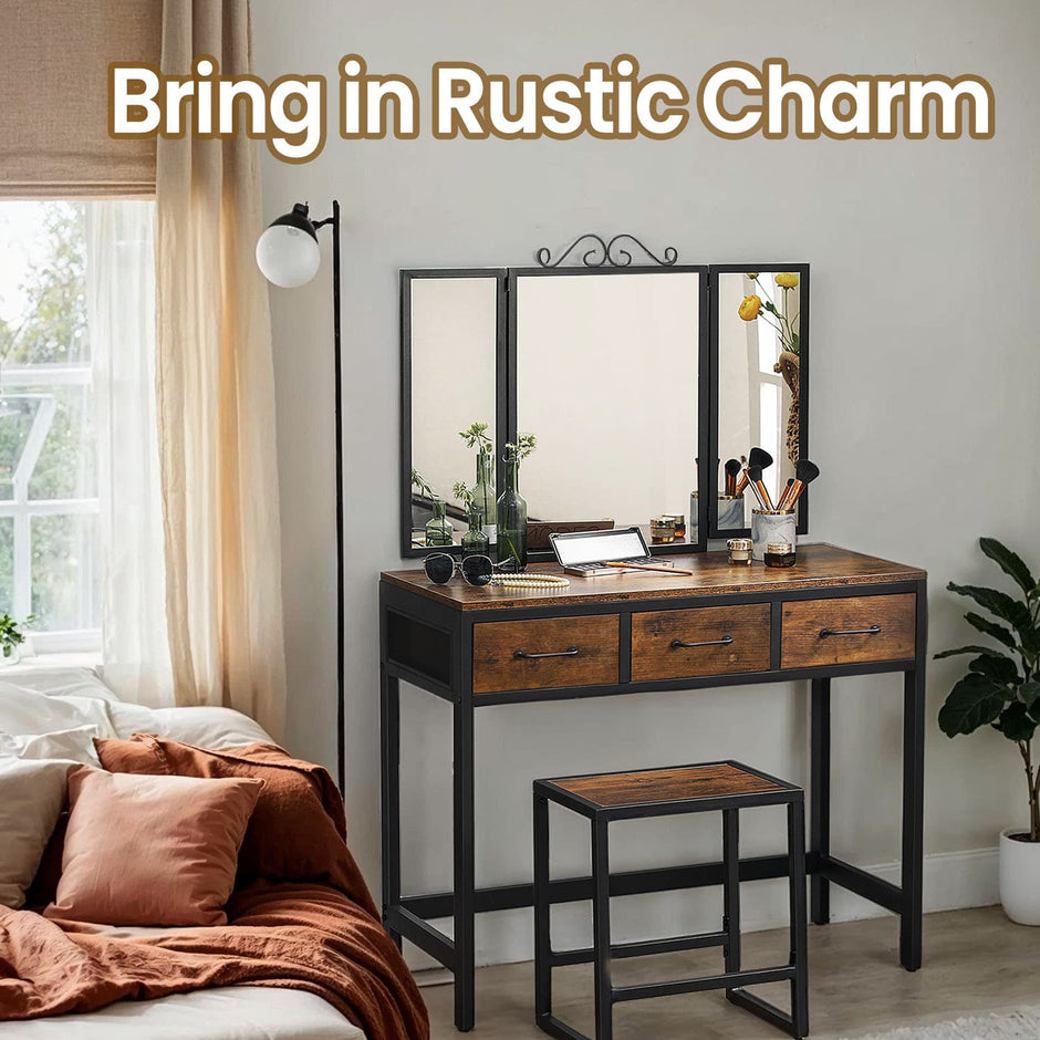 Dressing Table Set – Steel Frame – Rustic Brown and Black – Triple Fold Mirror with 3 Drawers