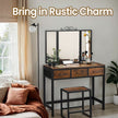 Dressing Table Set – Steel Frame – Rustic Brown and Black – Triple Fold Mirror with 3 Drawers