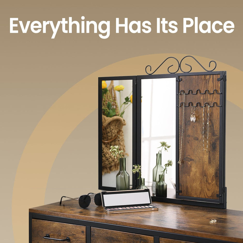 Dressing Table Set – Steel Frame – Rustic Brown and Black – Triple Fold Mirror with 3 Drawers