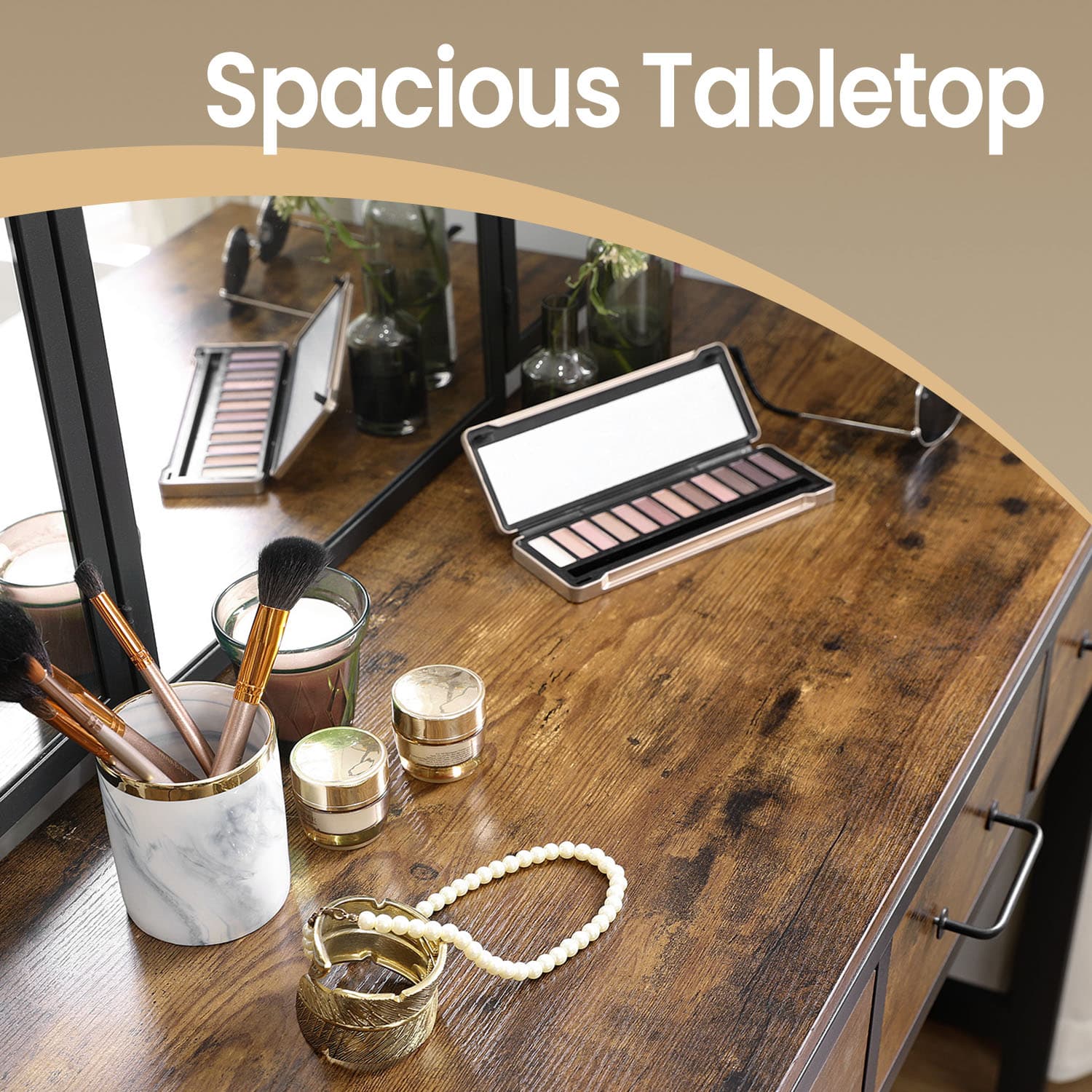 Dressing Table Set – Steel Frame – Rustic Brown and Black – Triple Fold Mirror with 3 Drawers
