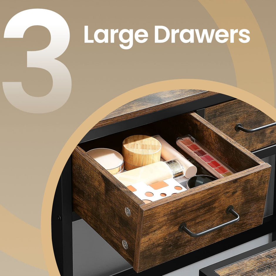 Dressing Table Set – Steel Frame – Rustic Brown and Black – Triple Fold Mirror with 3 Drawers