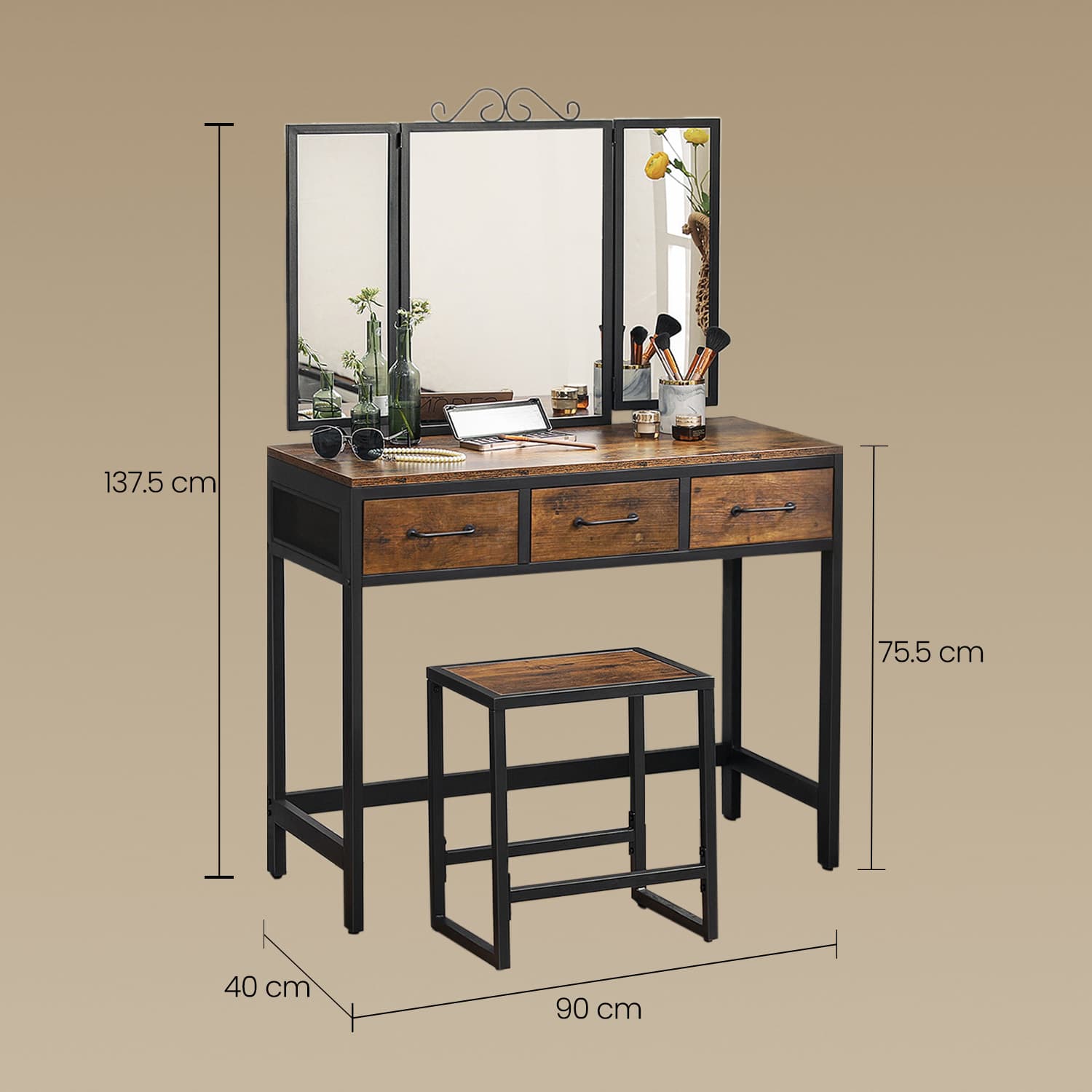Dressing Table Set – Steel Frame – Rustic Brown and Black – Triple Fold Mirror with 3 Drawers