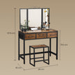 Dressing Table Set – Steel Frame – Rustic Brown and Black – Triple Fold Mirror with 3 Drawers