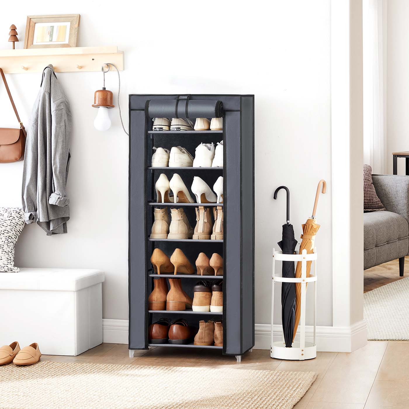 7-Tier Shoe Organiser – Non-Woven Fabric – Grey – Dustproof Design
