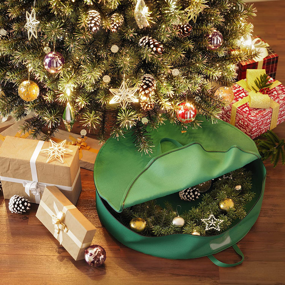 Set of 2 Wreath Storage Bags – Fabric – Green – Dustproof with Divider and Pocket
