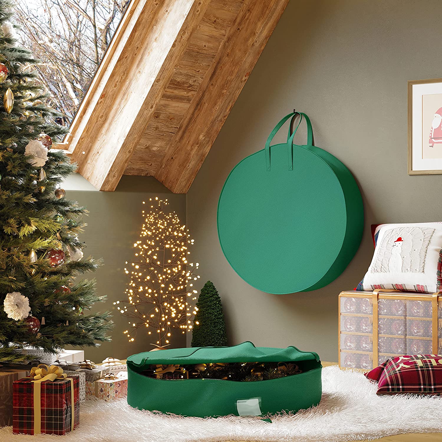 Set of 2 Wreath Storage Bags – Fabric – Green – Dustproof with Divider and Pocket