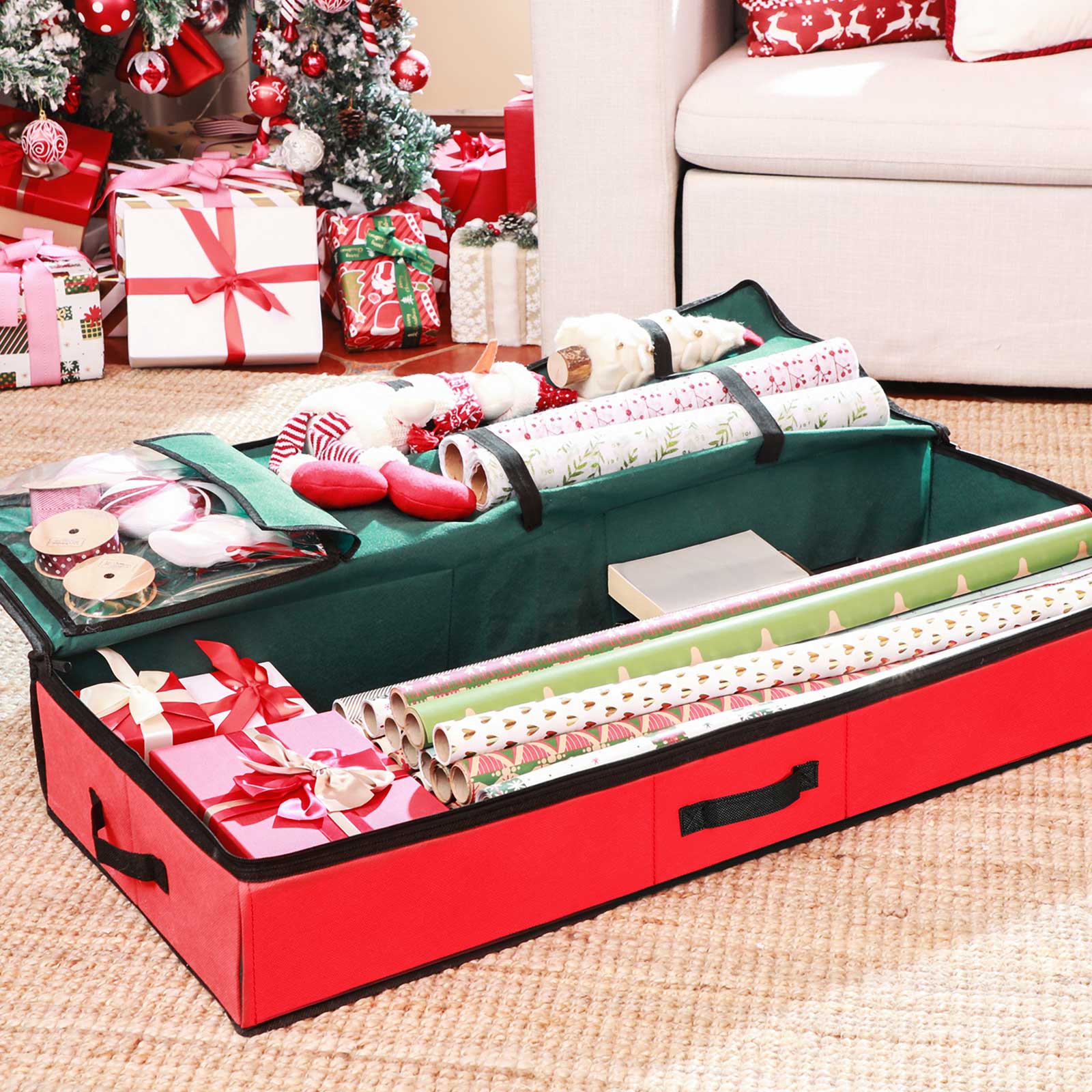 Underbed Storage Bag – Fabric – Green and Red – Foldable with Divider and Dustproof Zipper