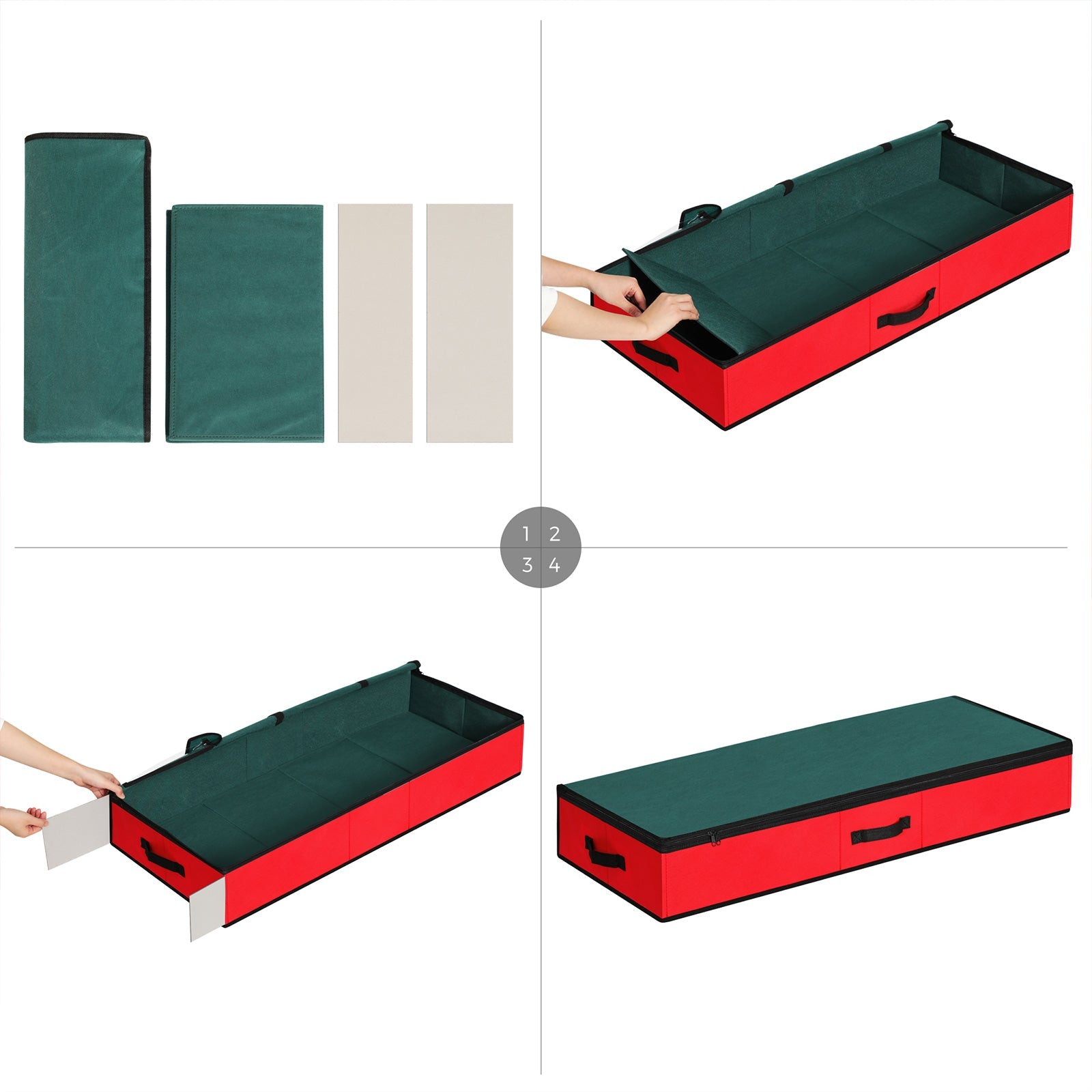 Underbed Storage Bag – Fabric – Green and Red – Foldable with Divider and Dustproof Zipper